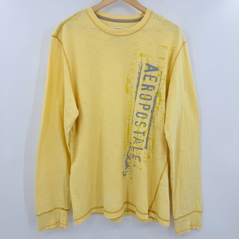 Aeropostale Mens XL Long Sleeve Graphic T-Shirt Yellow Cotton Slub Jersey Tee